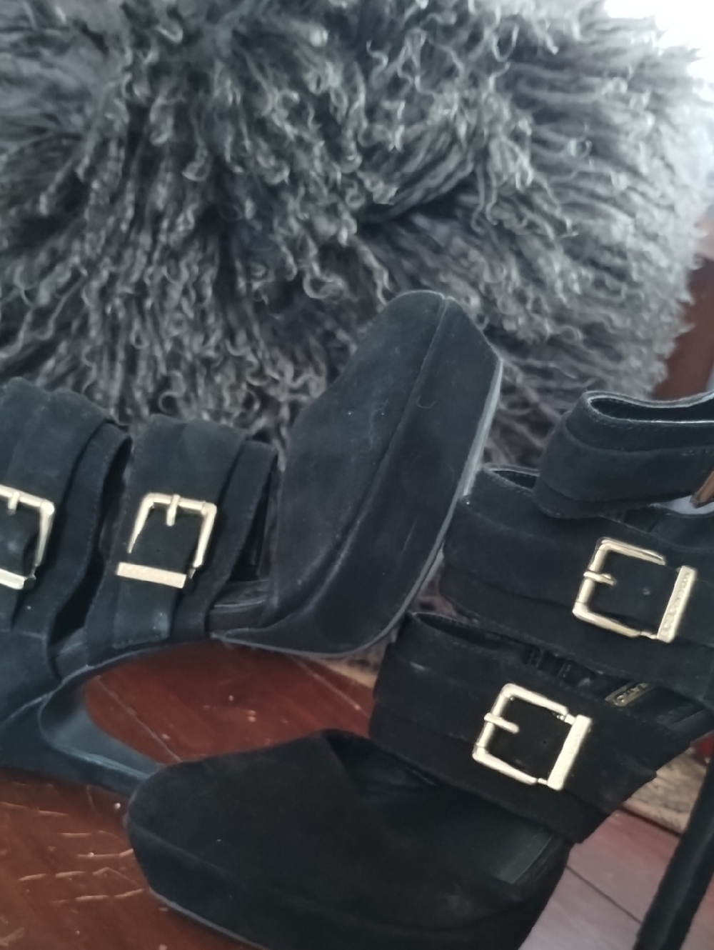 BCBGeneration Black Suede Platform Multi-Strap High Heel Sandals  Gold Buckles 7